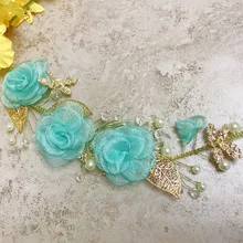 Ручная работа, Цветочный цвет, голубой цвет, резинка для волос с цветами, жемчужные свадебные повязки на голову, украшения для женщин