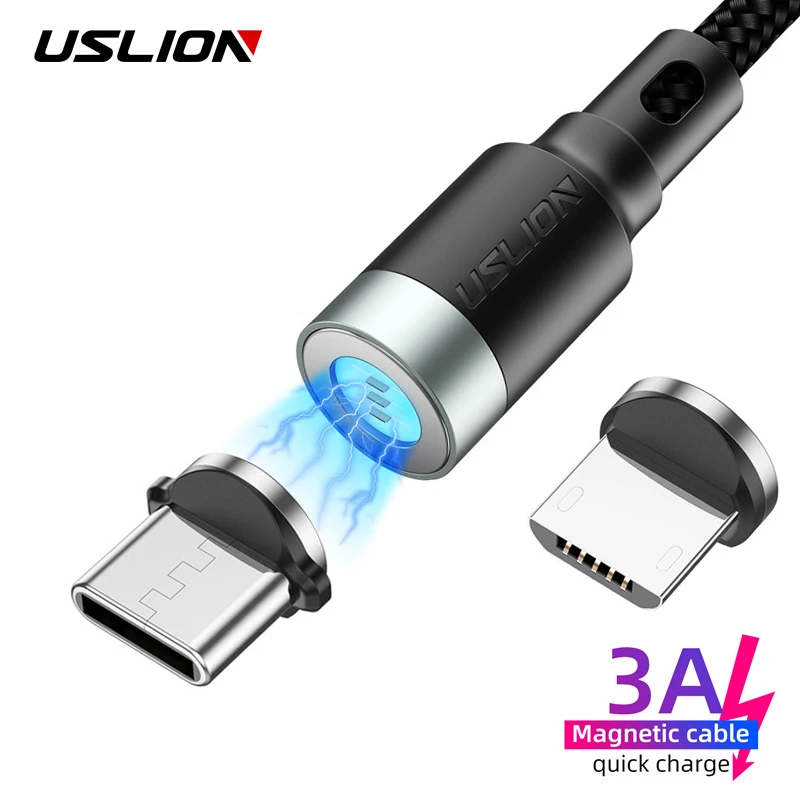 Магнитный кабель USLION 2 м 3 м 3 А Micro usb type-C кабель для быстрой зарядки type-C кабель для samsung S10 Xiaomi Microusb магнитное зарядное устройство