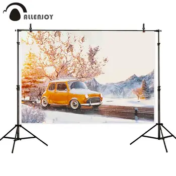 

Allenjoy Winter Wonderland Event Curtains Orange Car Road Pine Tree Snowflake Christmas Party Banner New Year Festival Photocall