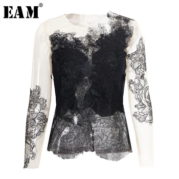 

[EAM] Women Khaki Lace Perspectie Temperament T-shirt New Round Neck Long Sleeve Fashion Tide Spring Summer 2020 1T129