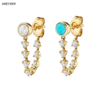 

ANDYWEN 925 Sterling Silver Pearl Stud Chain Earring Crystal Clear CZ Earings Fashion Jewelry Cute Wedding Gift Accesorios