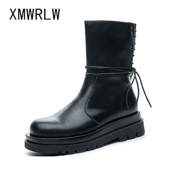 

XMWRLW Women's Mid-Calf Boots 2020 Autumn Genuine Leather Ladies Boots Fashion Cross-tied Women Thick Sole Boot Autumn Shoes