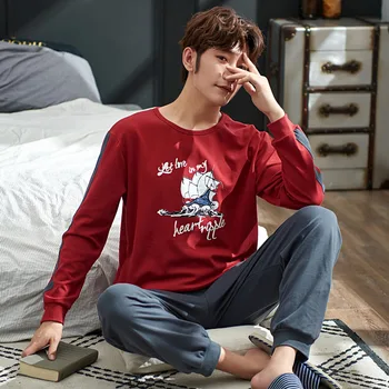 

Men's Pajama Sets New Autumn Winter Sleepwear Set Long Sleeve Cotton Pajamas for Men Elastic Waist Pant Leisure Outwear