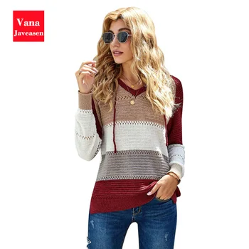 

Knitting Hoodies Women Sweatshirt Striped Patchwork Hollow Drawstring Hooded Pullover Casual Knitted Outwear Women Sweatshirts