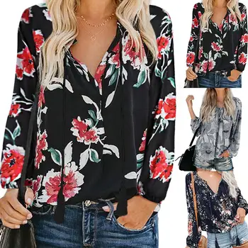 

New Fashion Women Casual Floral Print Long Sleeve O/V Neck Drawstring Shirt Blouse
