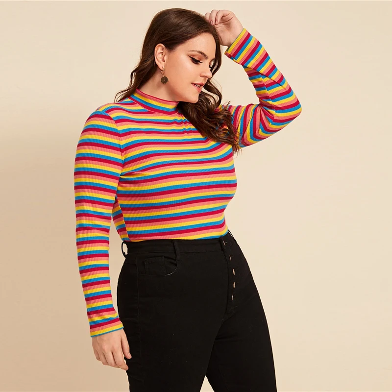 SHEIN/разноцветная футболка размера плюс в радужную полоску, женские осенние Повседневные базовые Топы с длинным рукавом, облегающие футболки с цветными блоками