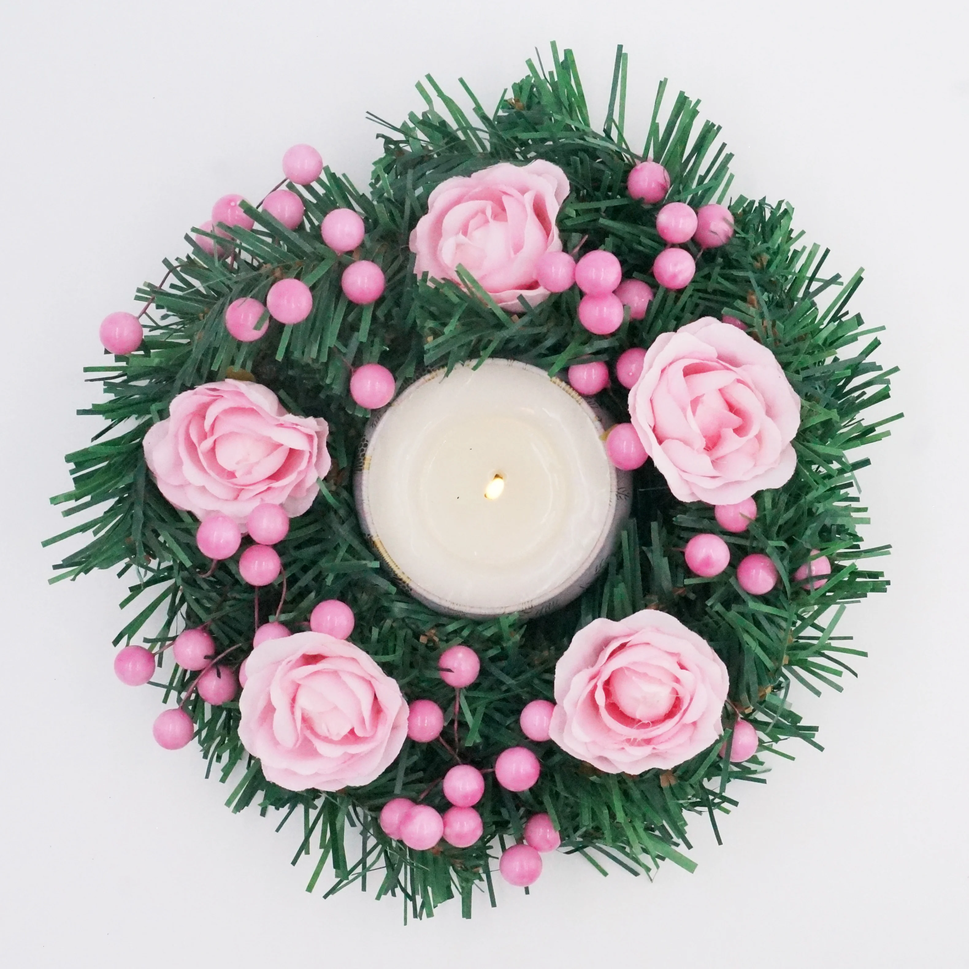 

Christmas Wreath Ring Candle Holders with Artificial Flower Leaves Farmhouse Candle Holders Xmas Tabletop Decor