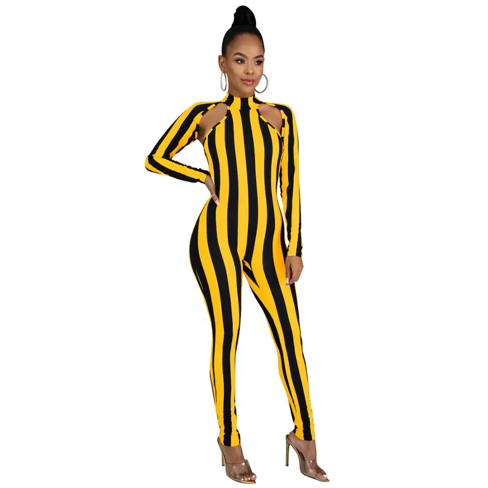 

2020 New Sexy Spring Fall Striped Hollow Out Fitness Rompers Women Jumpsuit Sporty Workout Long Sleeve Casual Active Wear Skinny