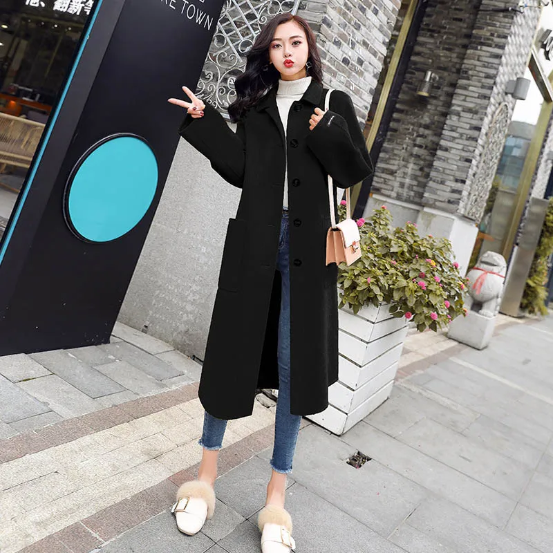 Женское шерстяное пальто, зимняя Корейская версия, тонкая длинная куртка, длинный рукав, отложной воротник, Женское пальто, верхняя одежда, однобортный Топ - Цвет: Черный