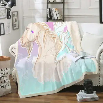 

Unicorn Sherpa Blanket Blue Pink Diamond Plush Throw Blanket Vanilla Style Thin Quilt Wings and Star Soft Bedspreads