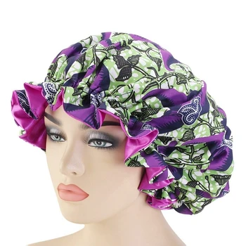 

Extra Large Size Hair Caps African Pattern Satin Bonnet Big Wave Brim Night Sleep Cap Women Flower Turban Hair Tool Styling