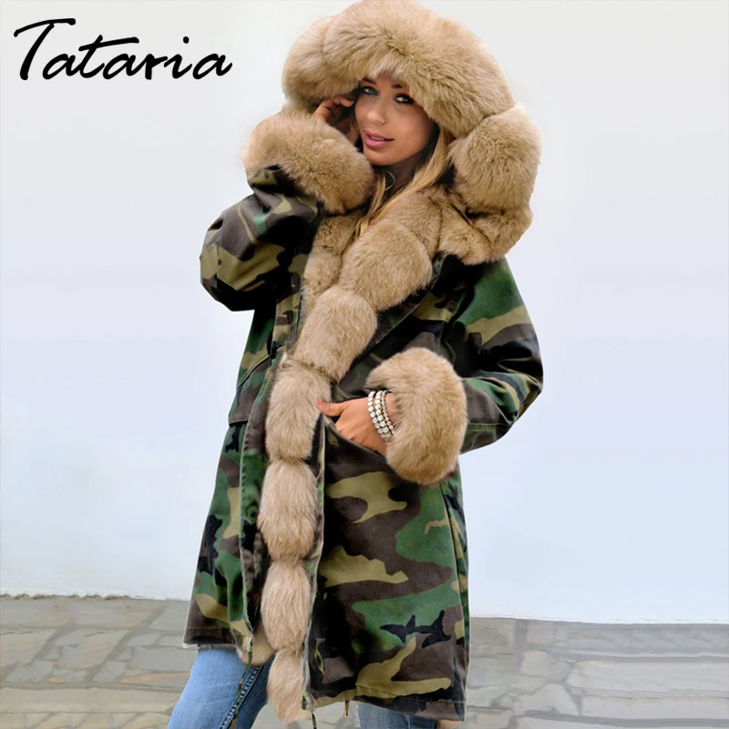 Tataria, женская зимняя Толстая теплая парка с капюшоном, Женские куртки в стиле "Милитари", пальто с капюшоном и меховым воротником, женская куртка из искусственного меха, бархатная куртка