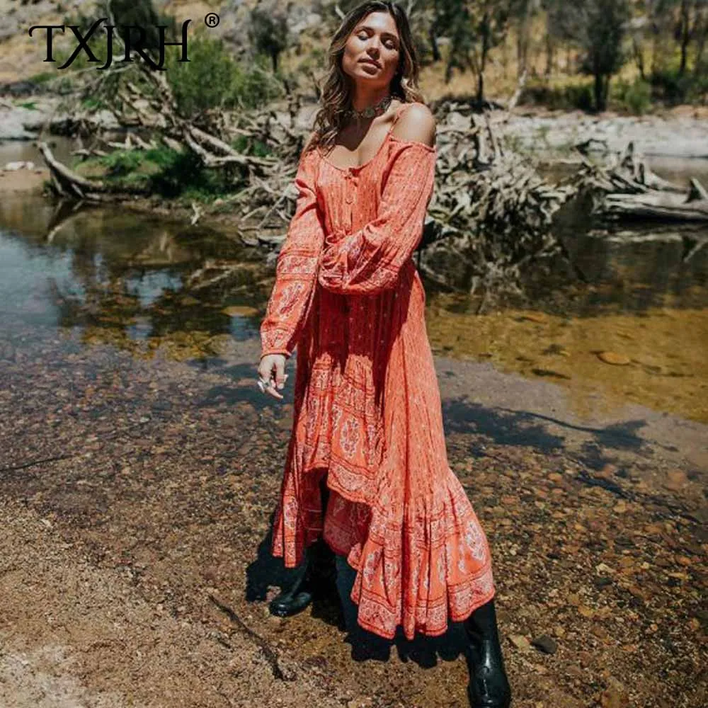 TXJRH Bohemia Red Animal Goat Head Floral Print Off Shoulder Sling Button Tassel Cotton Bow Tied Waist Asymmetric HI-LO Dress