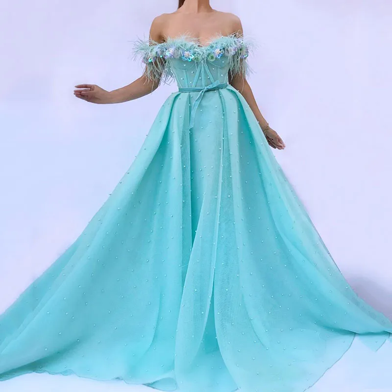 

Eightree Luxury Sky Blue Prom Dress abiye gece elbisesi Off-Shoulder Evening Dresses Feather 3D Flowers Formal Prom Party Gown