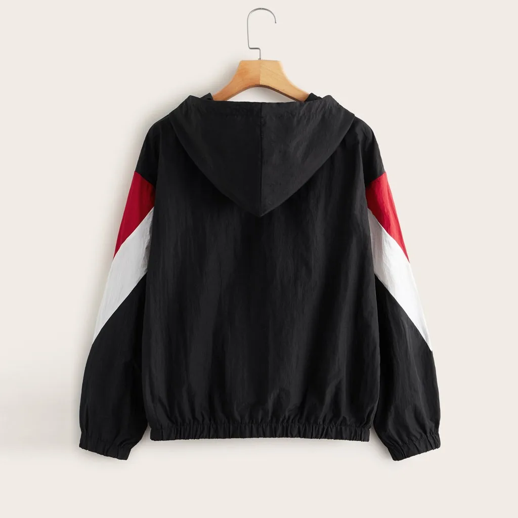 Feitong Womens Sweatershirt Long Sleeve Patchwork Thin Skin Suits Hooded Zip Stitching Outwear Coat sudadera con capucha mujer