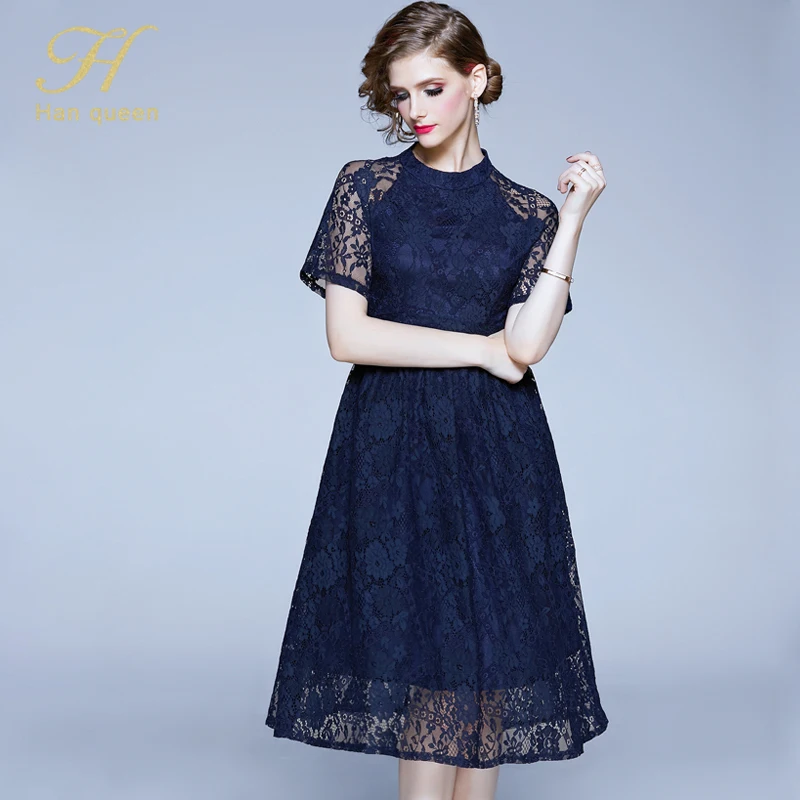 H Han queen, женское подиумное кружевное вечернее платье, vestidos, высококачественное, для девушек, с круглым вырезом, сшитое, модное, женское, тонкое, для работы, повседневное, платья, новинка