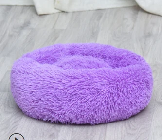 Зимняя кровать для домашних животных, собак и кошек, теплый пушистый мягкий плюшевый круглый милый пончик, гнездо, подушка, удобный коврик - Цвет: Фиолетовый