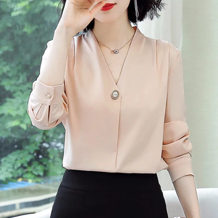 

2019 Autumn Clothing New Style Korean-style Elegant V-neck Chiffon Blouse Tops WOMEN'S Dress Versitile Fashion Western Style Lon