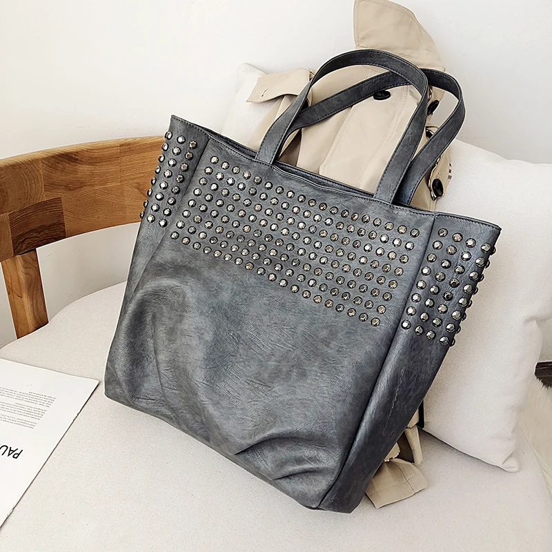 Женские кожаные сумки с заклепками, дизайнерские винтажные женские сумки, женские повседневные сумки - Цвет: Gray