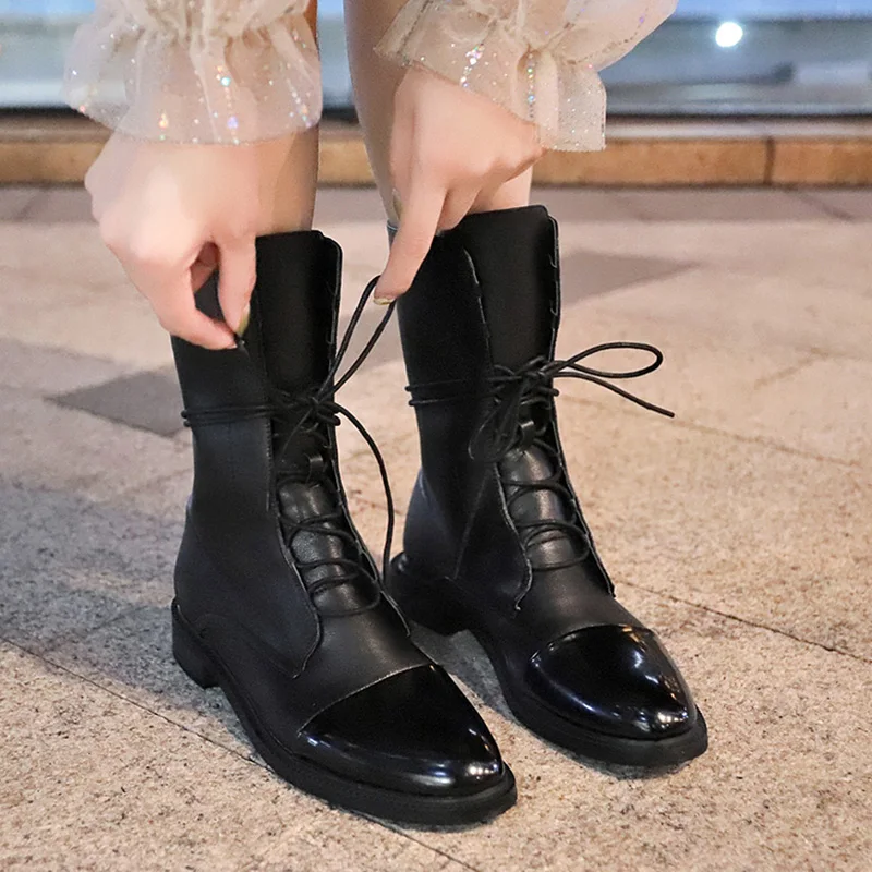 

Riding Boots Rock Shoes Woman Booties Ladies Winter Footwear Boots-women Lace Up Low Heels booties Luxury Designer Round Toe