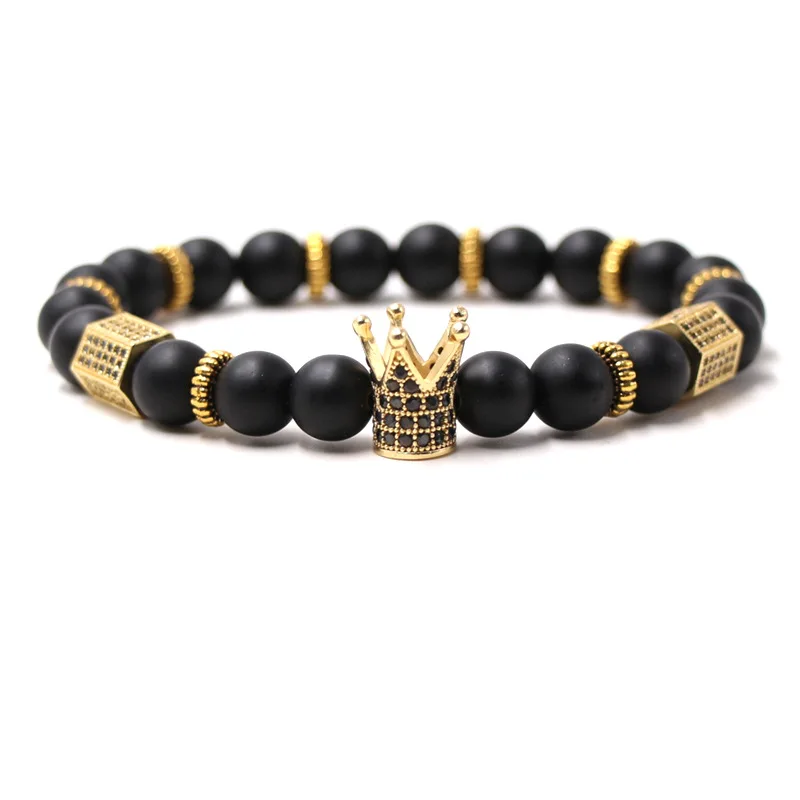 

Trendy 8mm Natural Matte Black Stone Bead Bracelets Bangle Pave CZ 4 Color Crown Bracelet For Men&Women DIY Classical Jewelry
