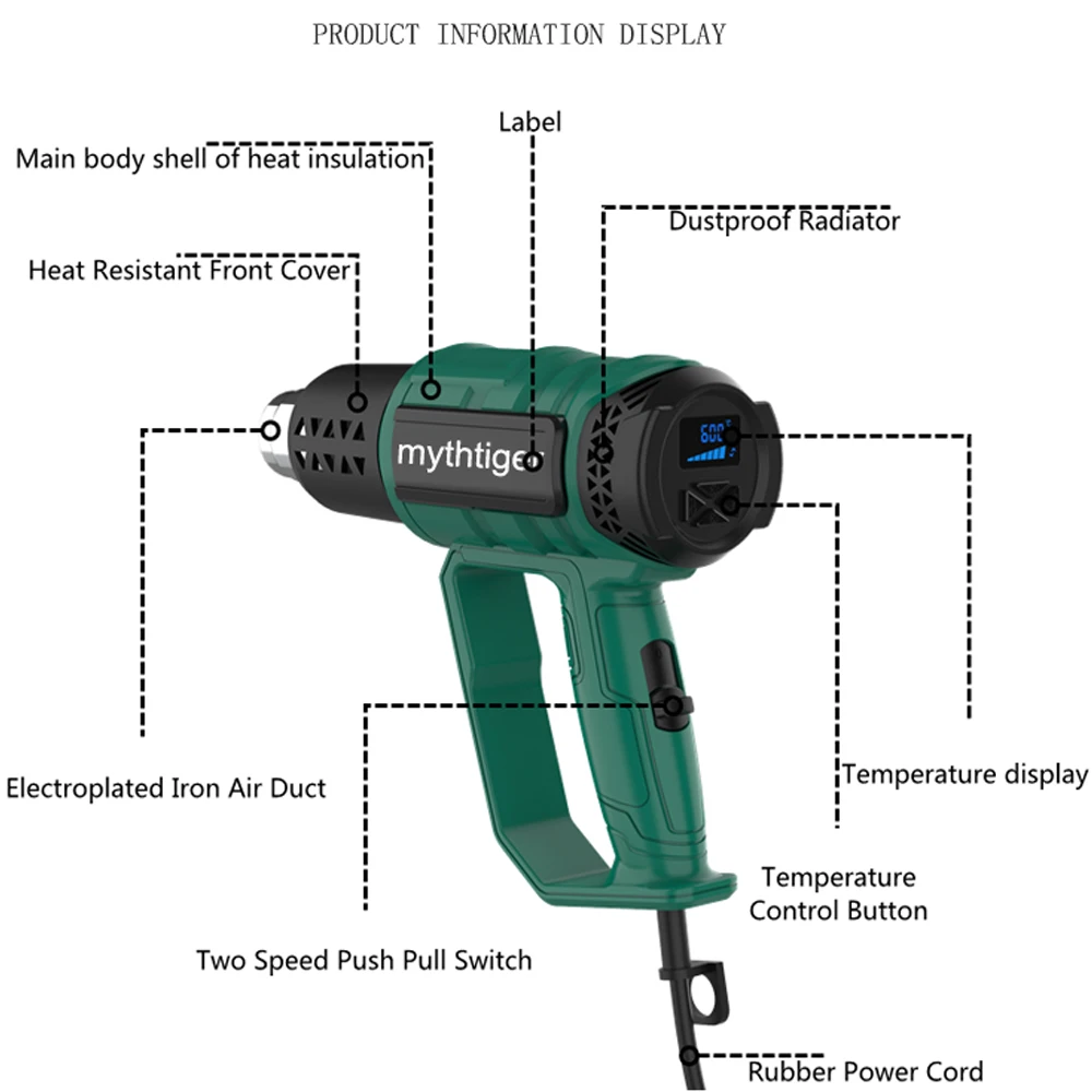 Industrial Heat Gun, 2000W Electric Hot Air Gun Kit with Digital LCD Display Air Dryer For Soldering Hair Dryer Construction electric impact drill