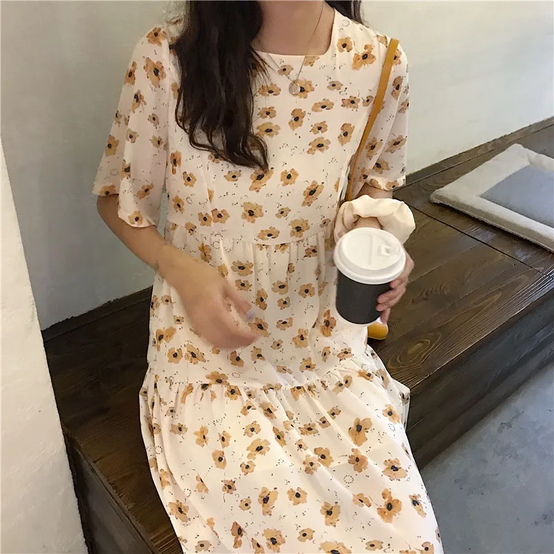 2020 New Summer Women Dress Korean Floral Short Sleeve Square Collar Dresses Bow Bandage Slim Waist Dress Vestidos