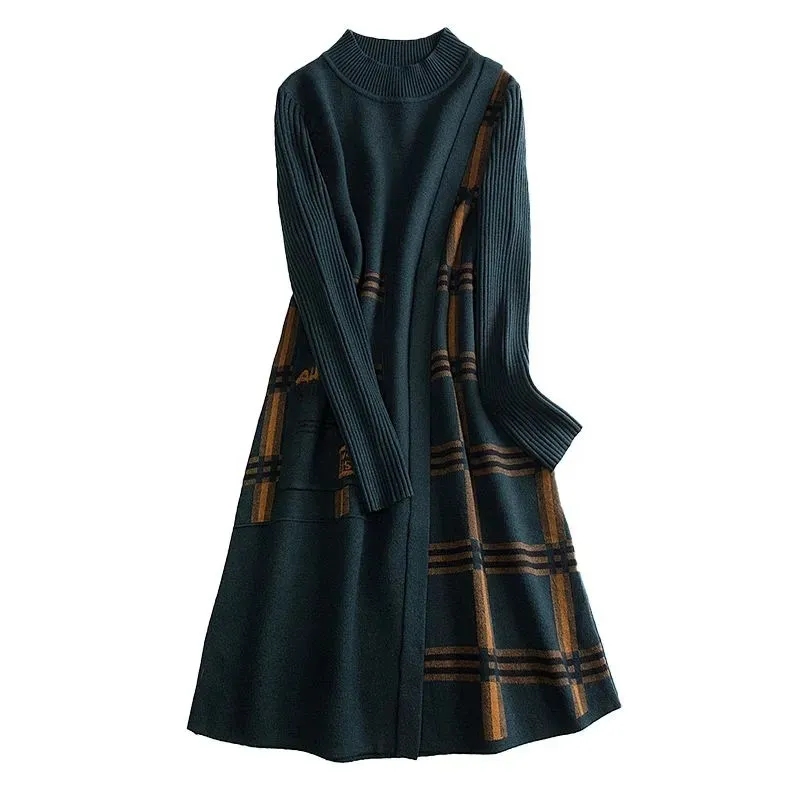 

Новое тонкое вязаное платье средней длины 2021 года, осень-зима, повседневный женский свитер, сращивание, полувысокий воротник, толстая основа, свитер, юбка трапециевидной формы