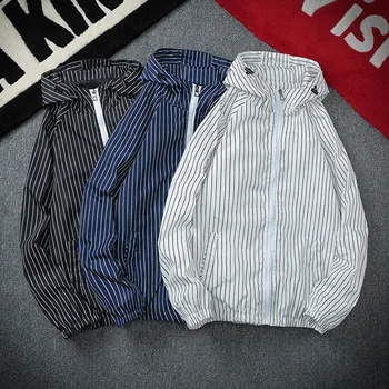 

HCXY 2019 Men's Casual Jacket Men Hooded Coat Striped Jackets Coats Windbreaker Spring Autumn Loose style Fashion Loose style