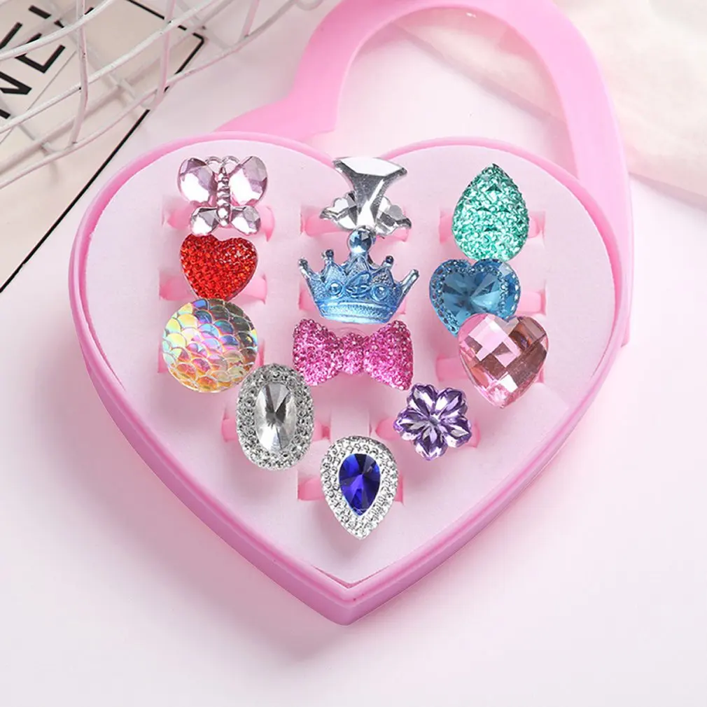 

12PCS/SET Fashionable Resin Cartoon Rings Children Rings For Girls Ring Set Finger Rings Jewelry Display Box Kids Toy Gift