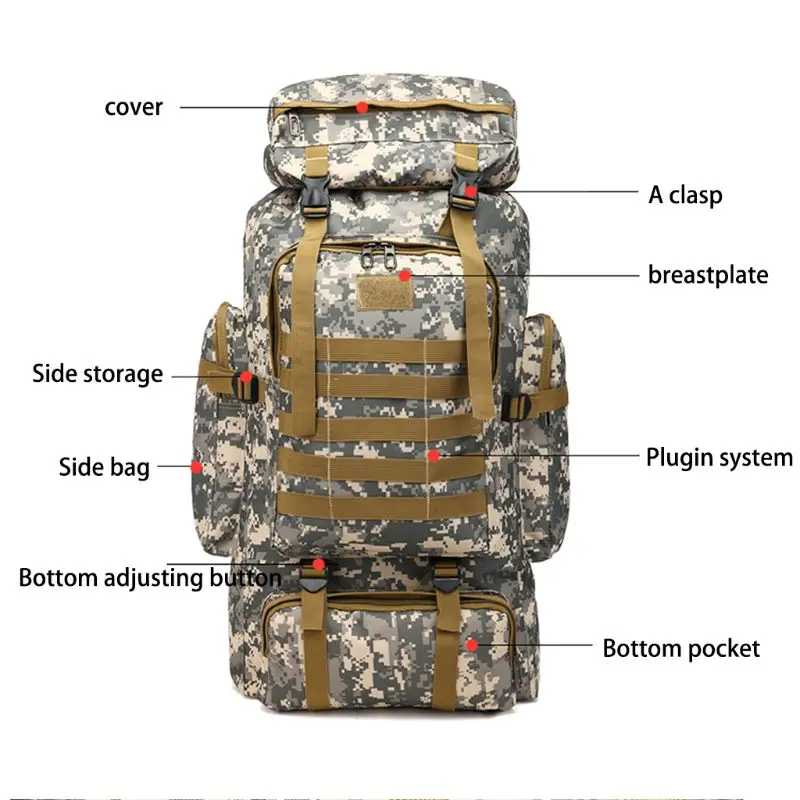 

80L Large Camo Rucksack Backpack Hiking Tactical Military Camping Survival Gear Y51D