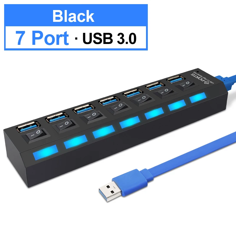 Usb-хаб 3,0 Мульти USB 3,0 концентратор USB разветвитель 2,0 Hab несколько 4/7 портов расширитель с адаптером питания Компьютерные аксессуары для ПК - Цвет: 7 Port Black 3.0