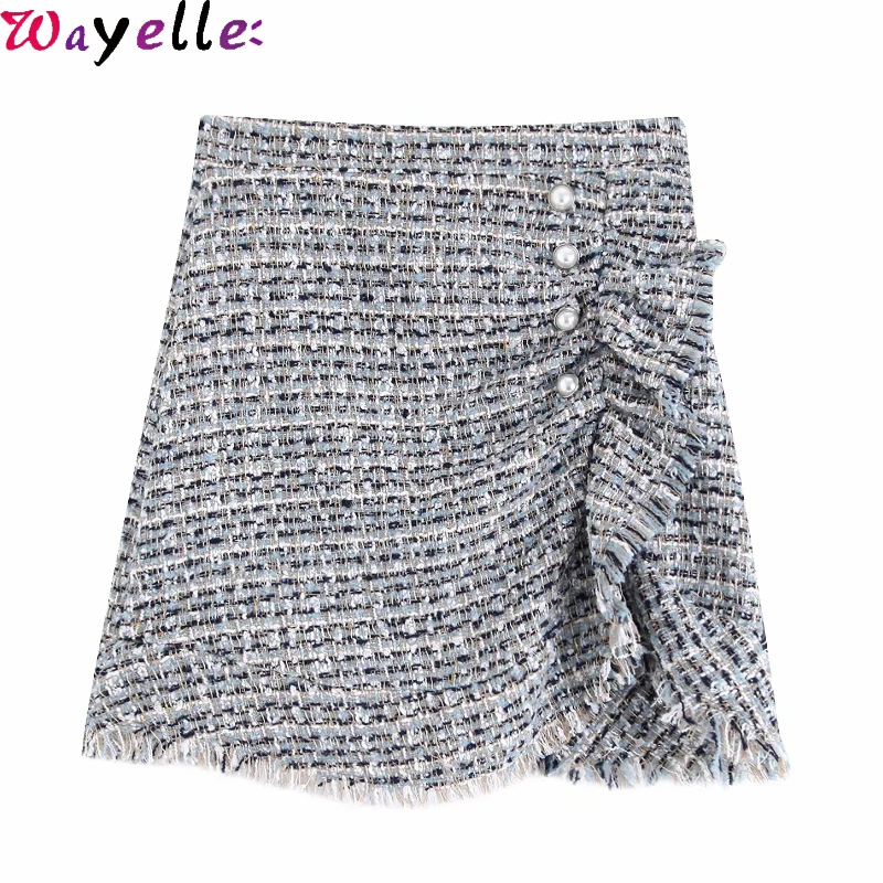 Плиссированная твидовая шерстяная мини-юбка с жемчугом, винтажная плиссированная юбка для женщин на осень и зиму, шикарная элегантная