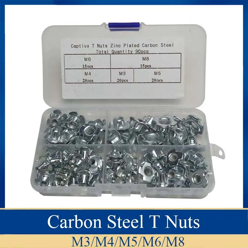 90pcs Carbon Steel T Nuts M3 M4 M5 M6 M8 Captive Pronged Tee Blind Zinc Plated Metric Assortment Kit | Обустройство дома