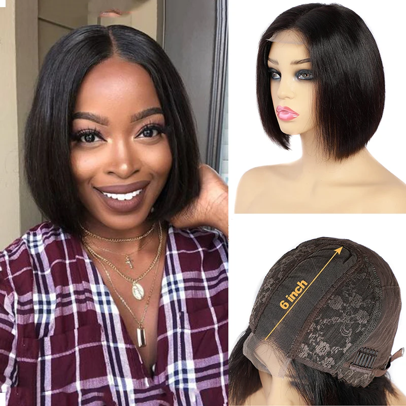 Corte Pixie-peluca recta de bob corto, 2x6, con cierre de encaje, pelucas de cabello humano para mujeres negras, cabello de bebé prearrancado 150Dentisy