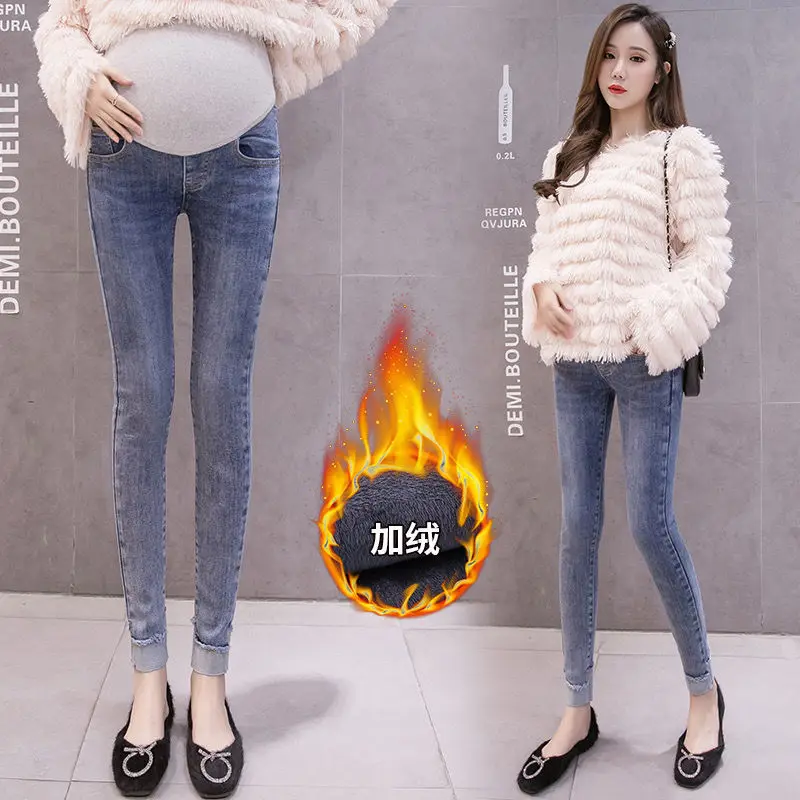 Pregnant women's jeans thickened stretch high-waist pencil pants casual plus velvet