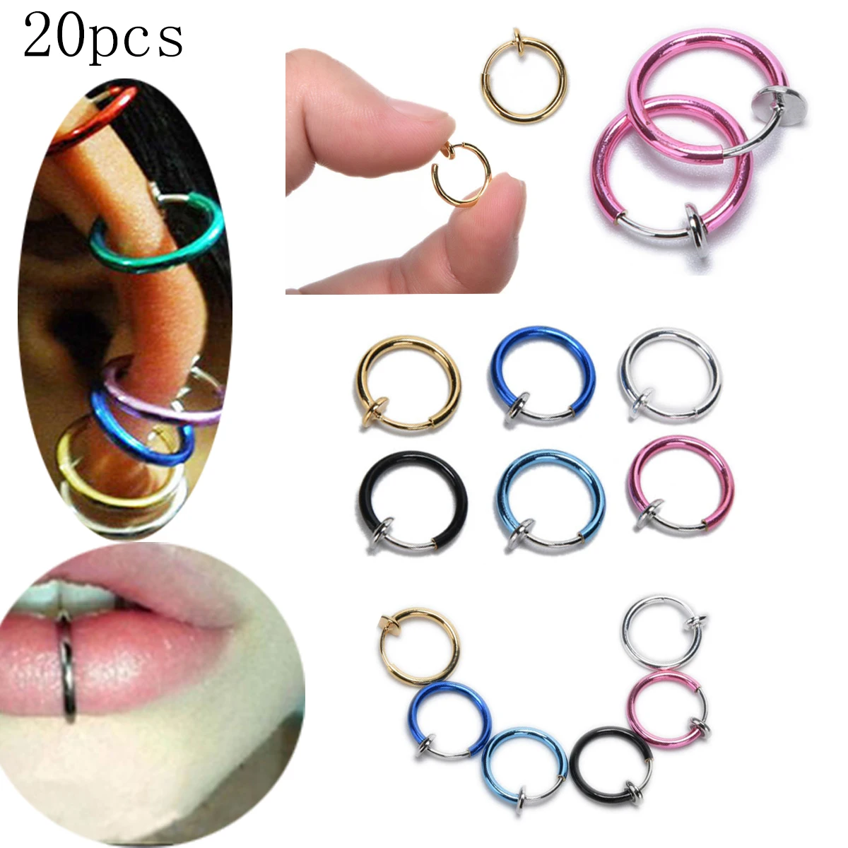 20Pcs/set multifunctional Punk Goth False Hoop Earrings Septum Clip On Boby Nose Lip Ear Fake Piercing Rings Stud