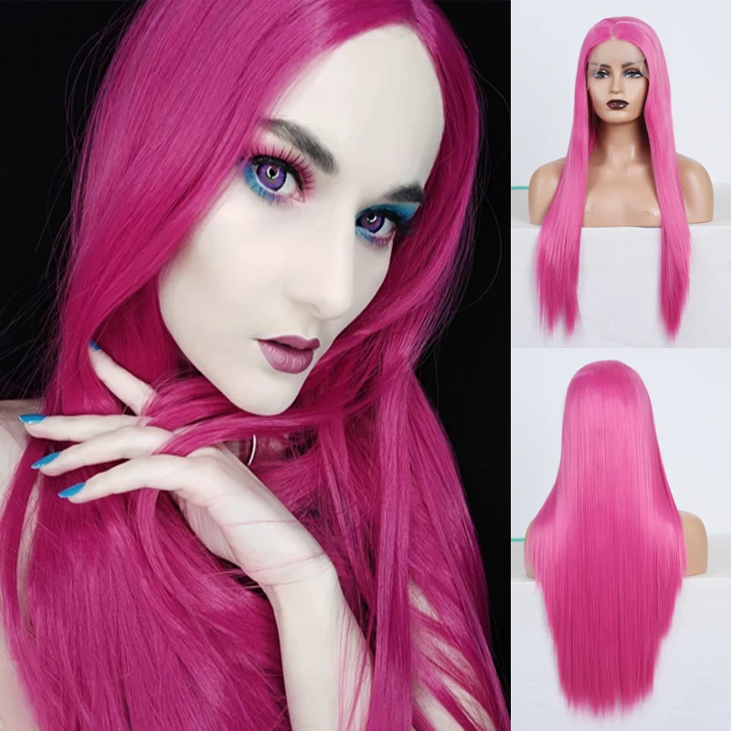 

RONGDUOYI Pink Hair Heat Resistant Synthetic Lace Front Wig Long Silky Straight Wigs for Women Middle Part Cosplay Lace Wigs