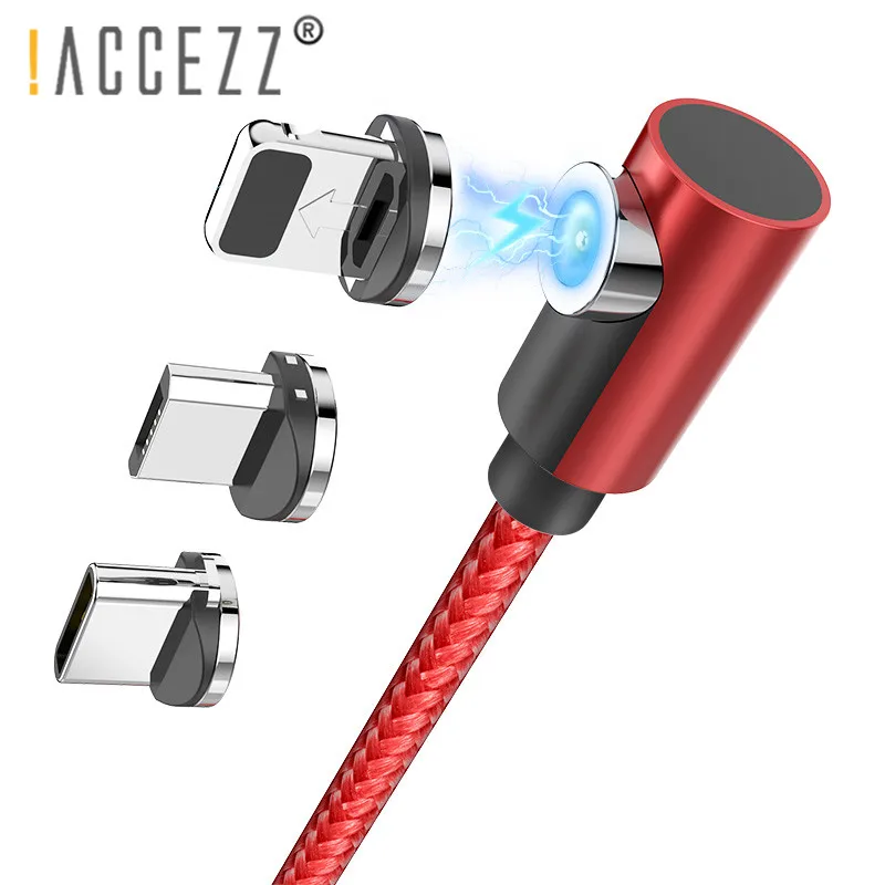 ! 2 м Прямая поставка 90 градусов Магнитный USB-кабель ACCEZZ для iPhone 12 11 Xiaomi Huawei 8Pin Micro USB