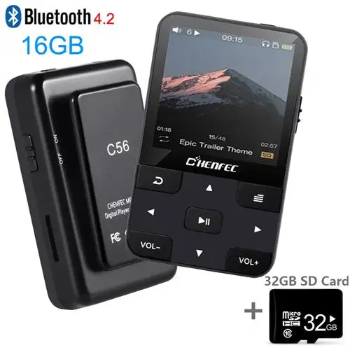 16 Гб MP3-плеер с зажимом Bluetooth 4,2 портативный спортивный мини музыкальный плеер без потерь с fm-радио/Запись голоса для занятий спортом Бег - Цвет: C56-16GB-Black-SD32G