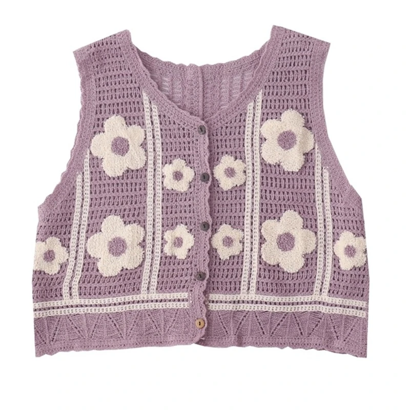Gilet Corto Donna Vintage Uncinetto Floreale - Crop Top Senza Maniche Boho Hippie - Colori Albicocca, Nero, Blu
