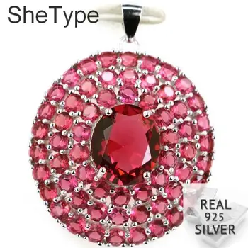 

35x28mm Big 6.4g Created Pink Raspberry Rhodolite Garnet Party Ladies 925 Solid Sterling Silver Pendant