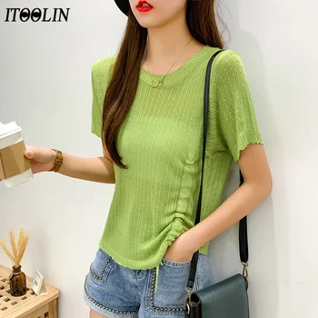 

ITOOLIN 2020 New Female Knited Solid T-Shirt Short Sleeve Summer Casual T-Shirt Loose O-neck Tees Sweet Tops For Women Korean