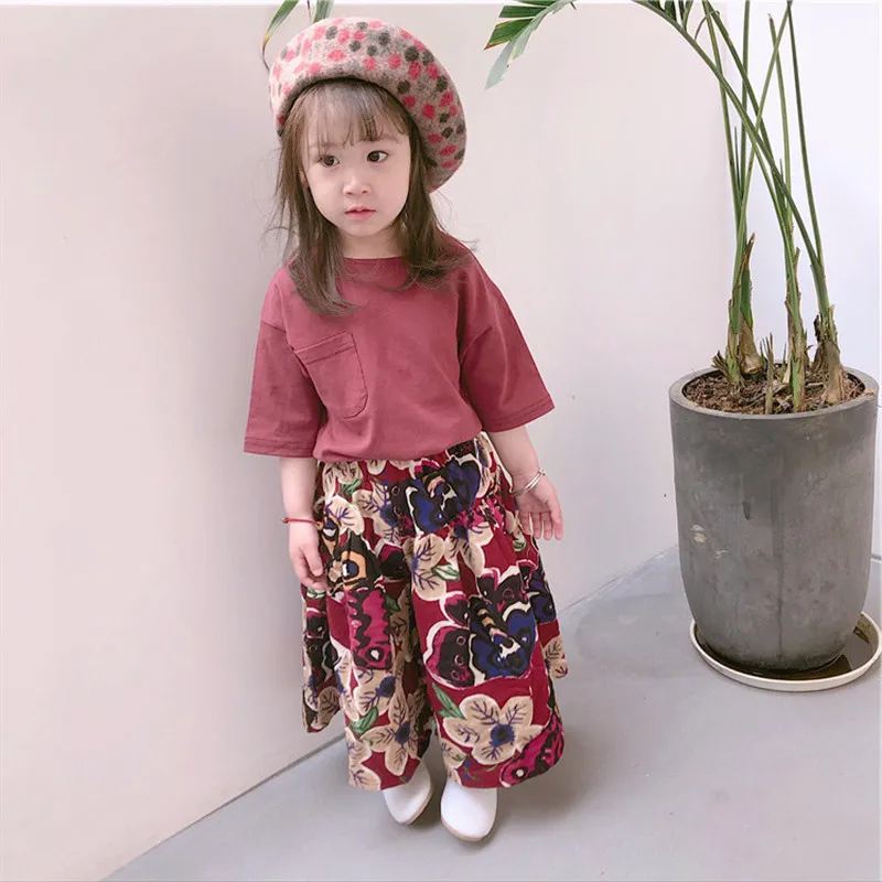 

2020 Summer Girls' Clothing Sets Japan & South Korea Pocket T-Shirt + Wide Leg Pants 2PCS Kids Clothes Suit Children Clothing