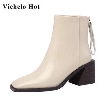 

Vichelo Hot natural leather square toe high heel Chelsea boots top quality beauty lady streetwear elegant solid ankle boots L40