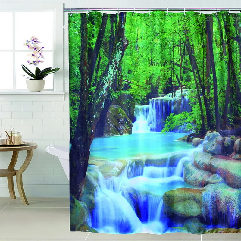 

HappyTree Fabric Polyester Waterfall 3D Shower Curtain Thicken Fabric Bathroom Curtain Landscape Printing Green Bath Curtain