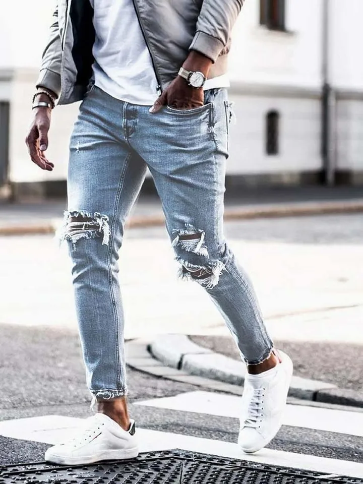 Leger Echt Afkorting Men Jeans Streetwear Knee Ripped Skinny Hip Hop Fashion Estroyed Hole Pants  Solid Color Male Stretch Casual Denim Big Trousers - Jeans - AliExpress