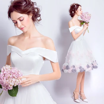 

2020 Vestido De Noiva A Line White Flowers Applique Short Wedding Dress Off the Shoulder Beach Wedding Dresses Short Bridal Gown