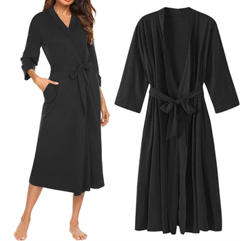 

New Nightdress Women's V-neck 4/3 Sleeve Lightweight with Belt Long Bathrobe Cotton Kimono Nightgown Spa Bathrobe Robe Sets