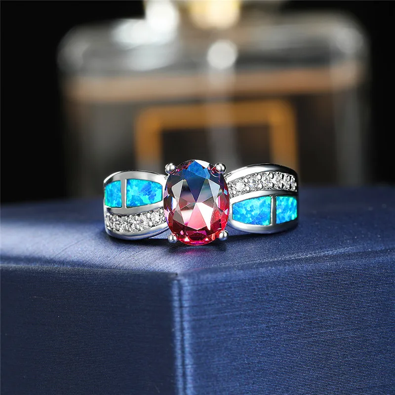 Boho женское кольцо с голубым огненным опалом, очаровательное 925 пробы серебряное красное синее овальное кольцо, обручальные кольца для женщин